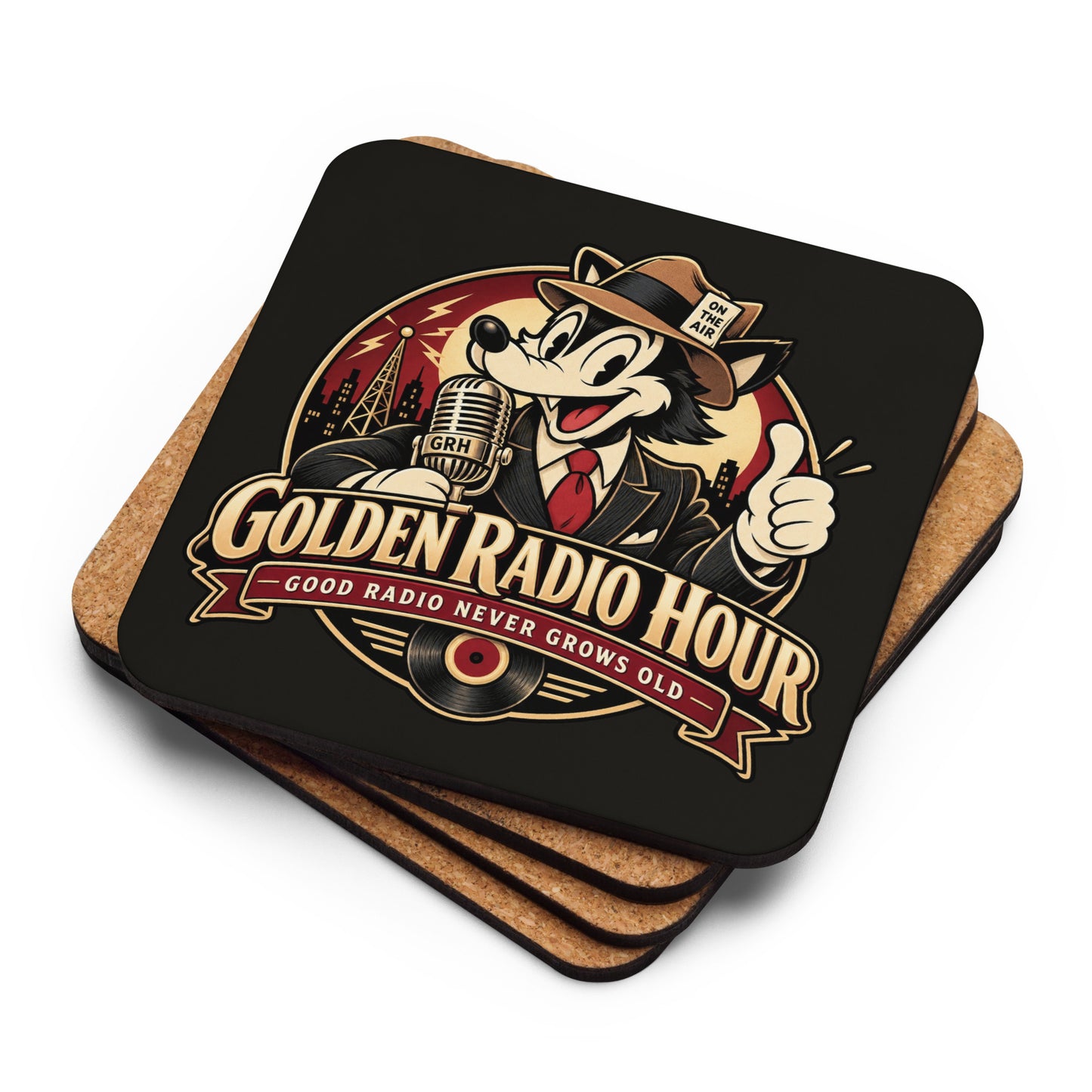 Golden Radio Hour On-Air wolf broadcaster Good Radio Never Grows Old cork-back coaster