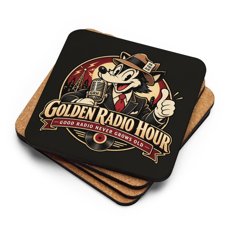 Golden Radio Hour On-Air wolf broadcaster Good Radio Never Grows Old cork-back coaster