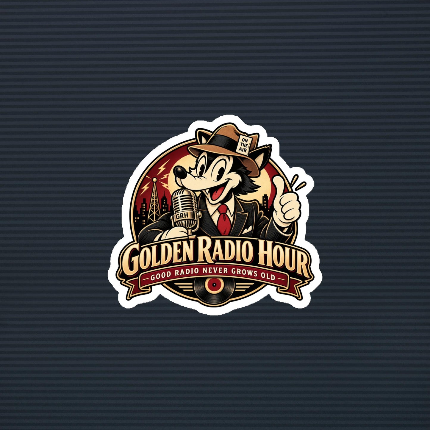 Golden Radio Hour Good Radio Never Grows Old wolf emblem magnet, 4×4 mockup