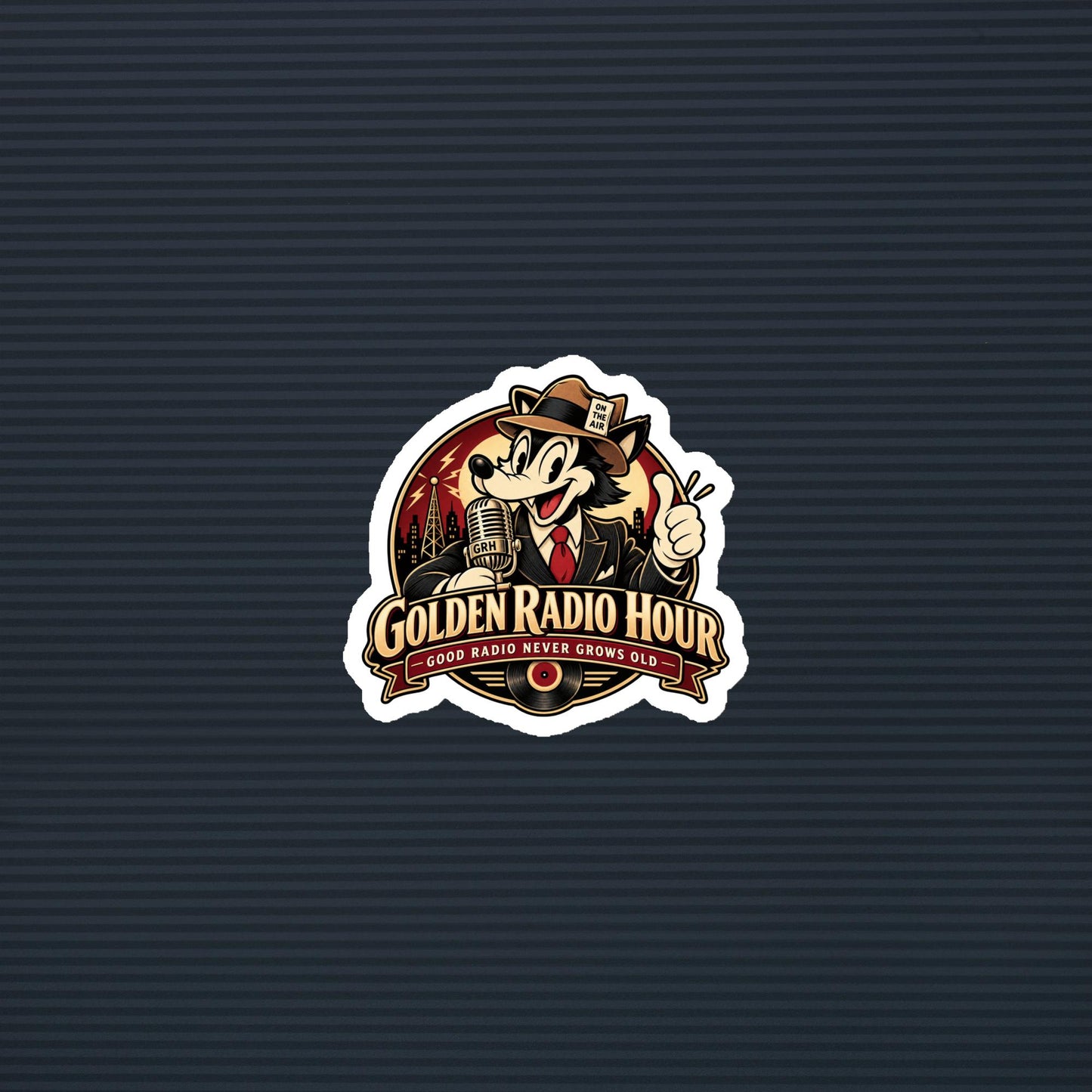 Golden Radio Hour Good Radio Never Grows Old wolf emblem magnet, 3×3 mockup