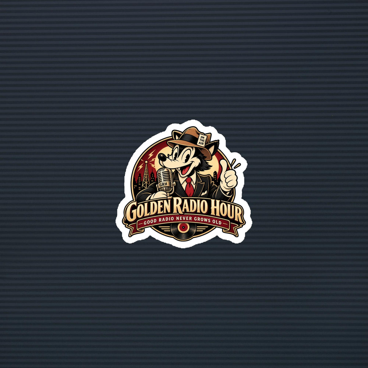 Golden Radio Hour Good Radio Never Grows Old wolf emblem magnet, 3×3 mockup