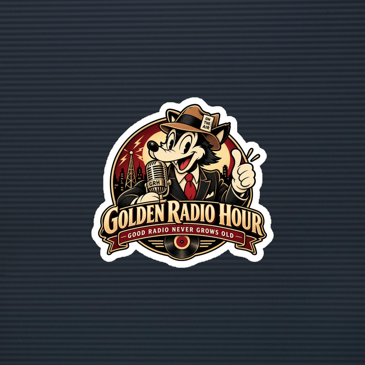 Golden Radio Hour Good Radio Never Grows Old wolf emblem magnet, 4×4 mockup