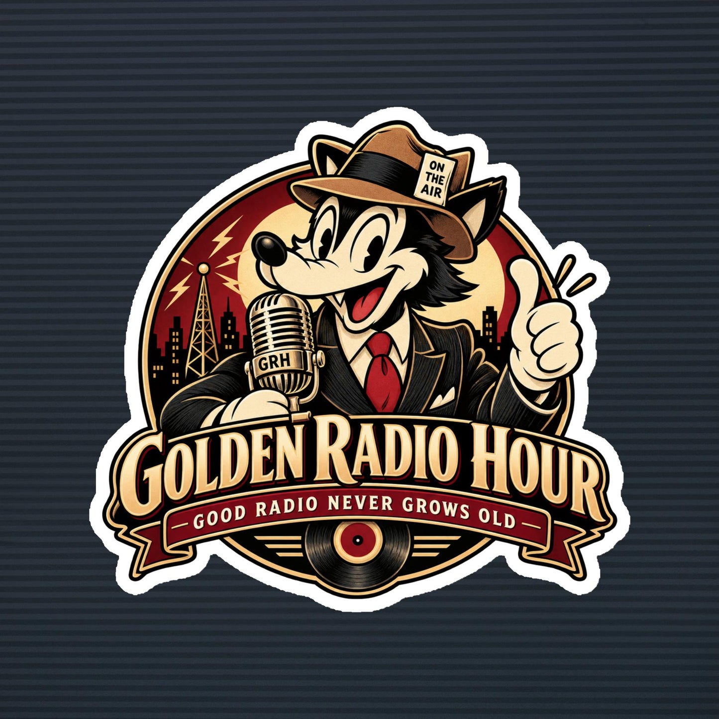 Golden Radio Hour Good Radio Never Grows Old wolf emblem magnet, 6×6 mockup
