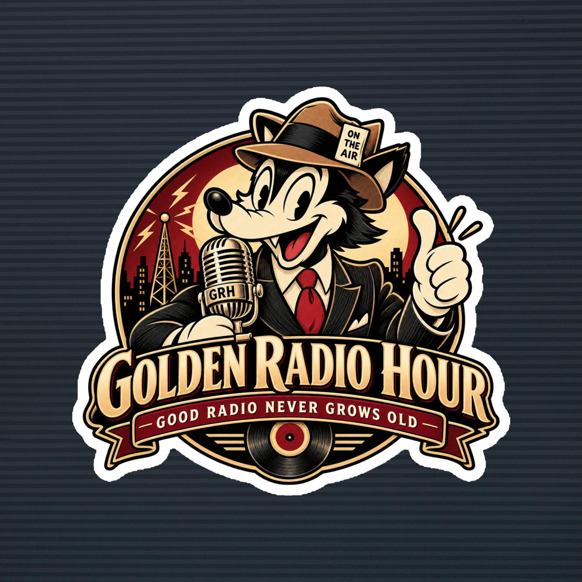Golden Radio Hour Good Radio Never Grows Old wolf emblem magnet, 6×6 mockup