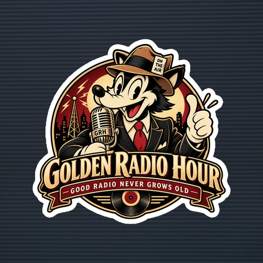 Golden Radio Hour Good Radio Never Grows Old wolf emblem magnet, 6×6 mockup