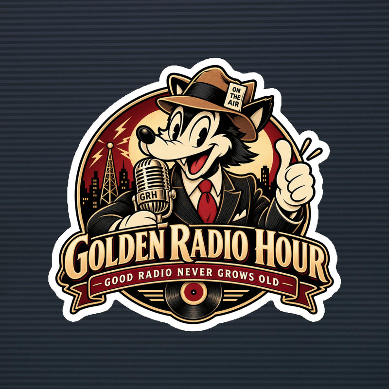 Golden Radio Hour Good Radio Never Grows Old wolf emblem magnet, 6×6 mockup