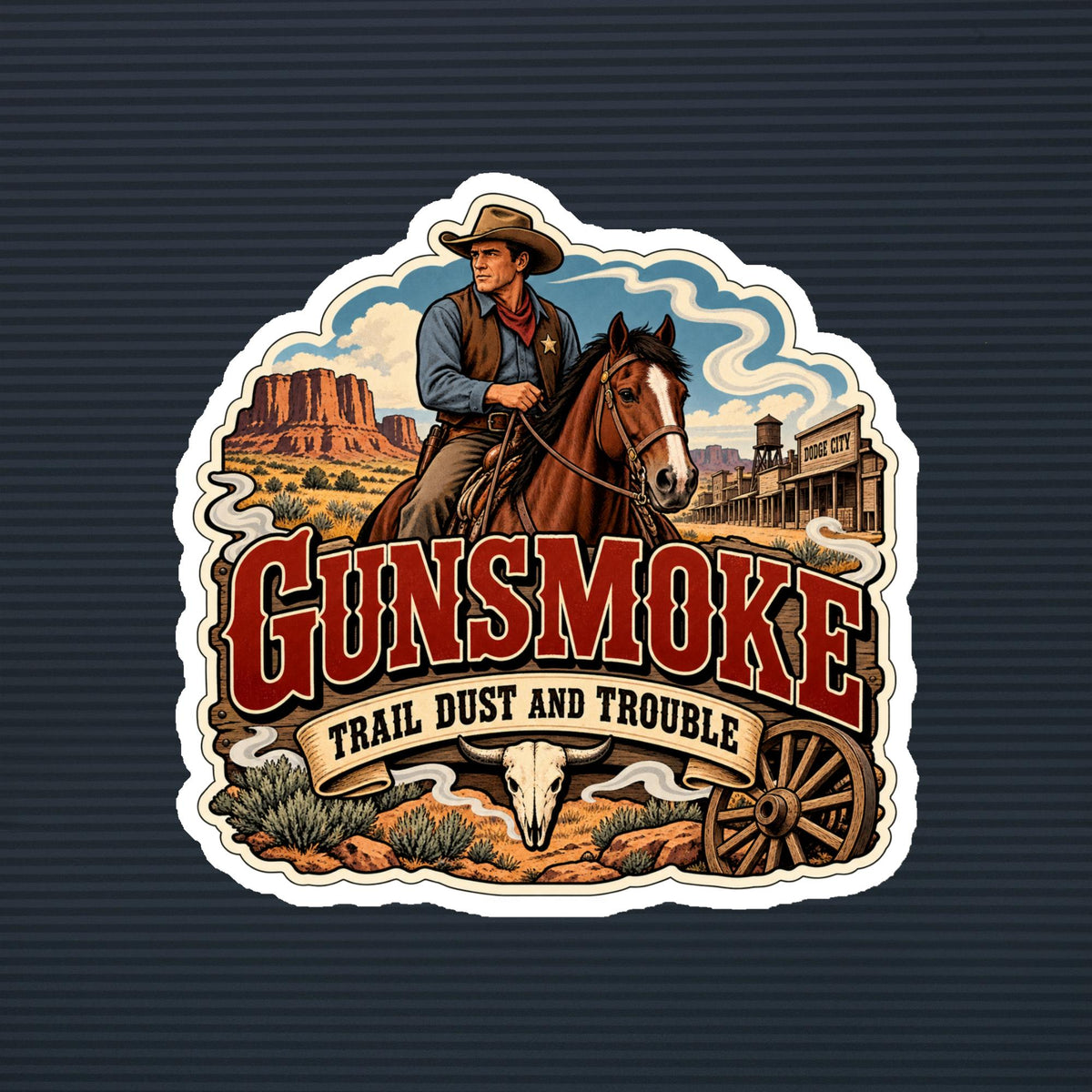 Gunsmoke Trail Dust and Trouble Western magnet, 6×6 mockup