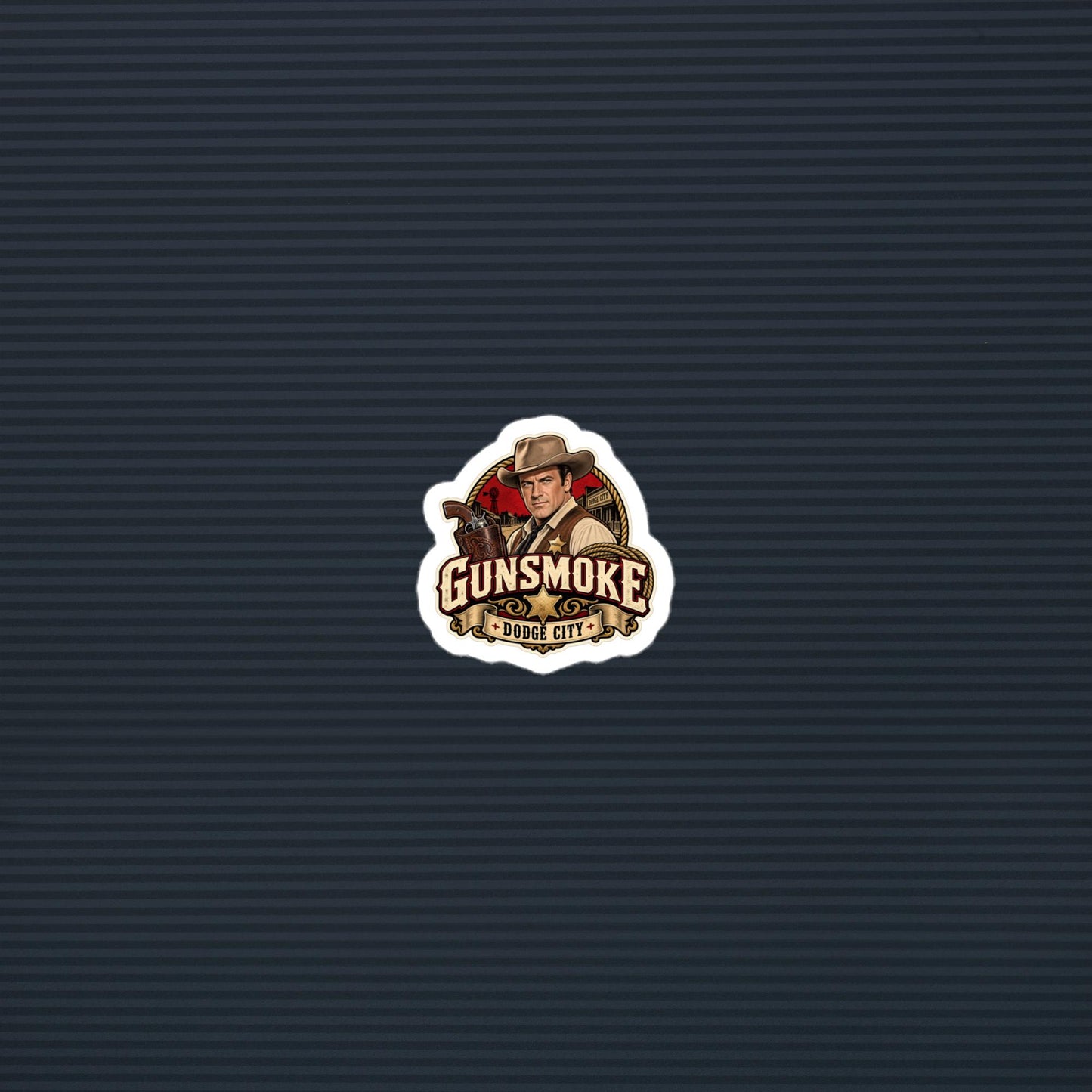 Gunsmoke Dodge City marshal die-cut sticker, 2×2 mockup