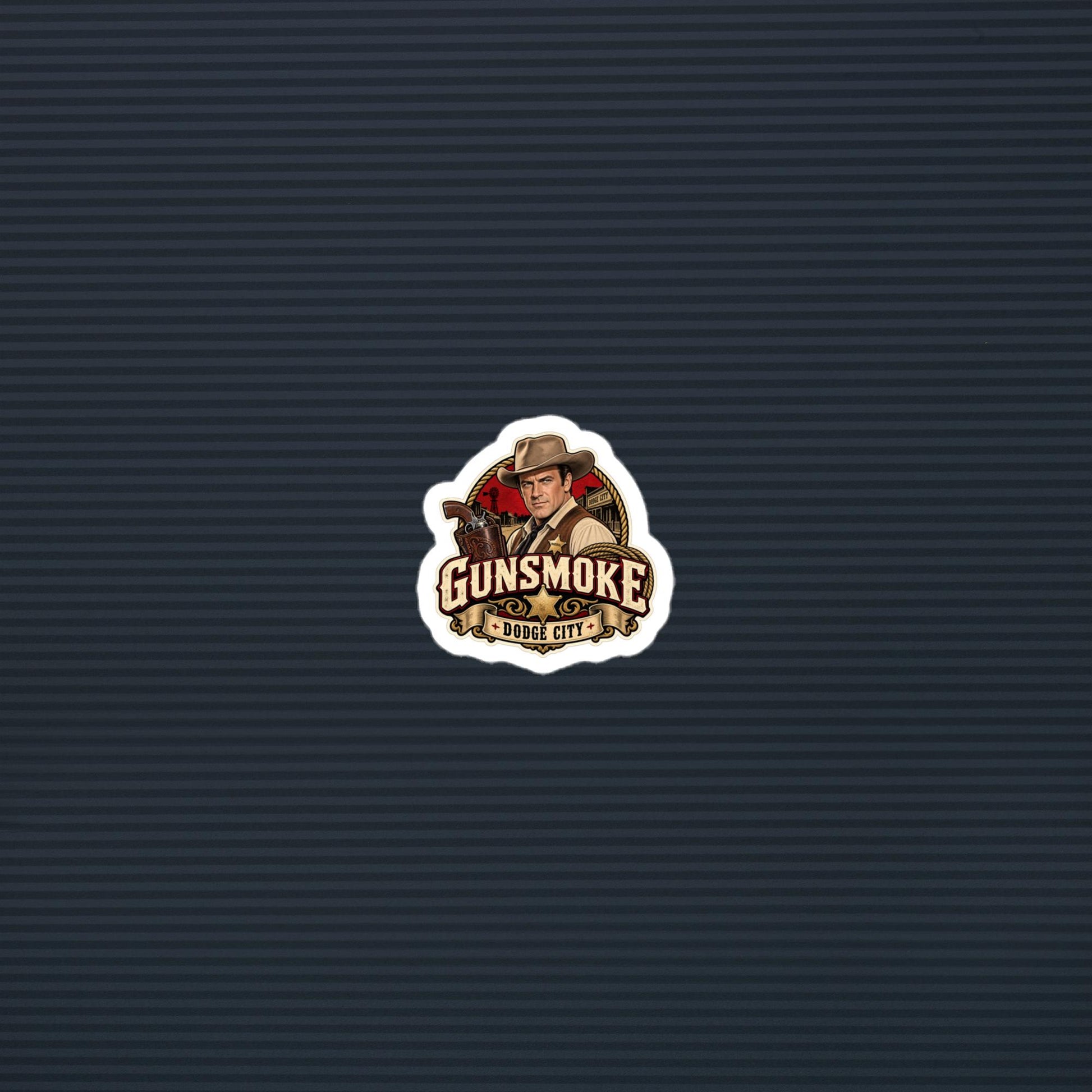 Gunsmoke Dodge City marshal die-cut sticker, 2×2 mockup