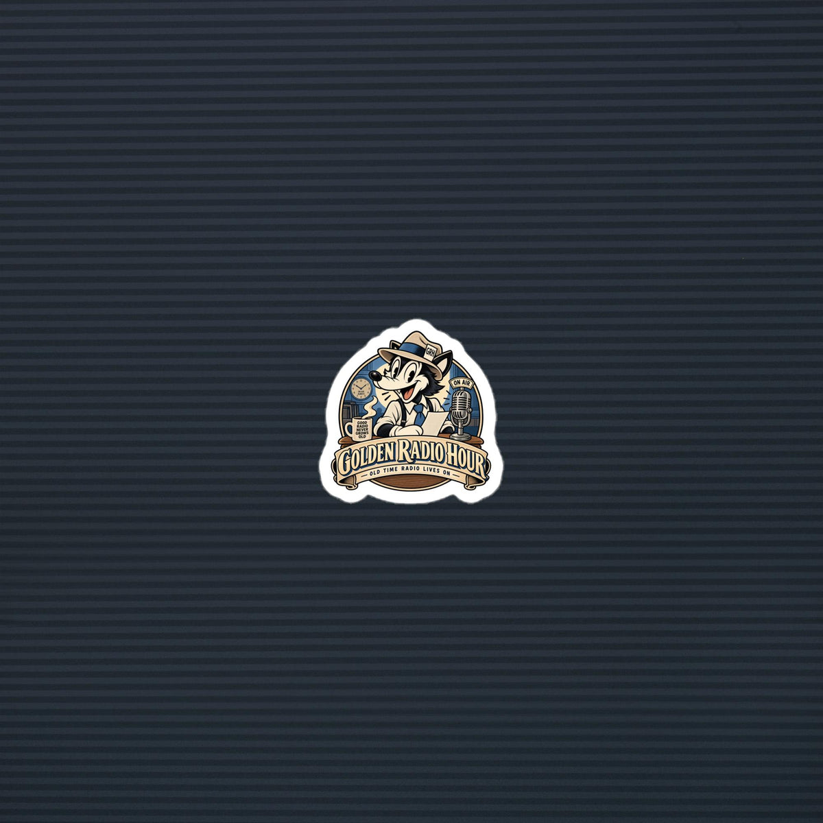 Golden Radio Hour on-air wolf mascot die-cut sticker, 2×2 mockup