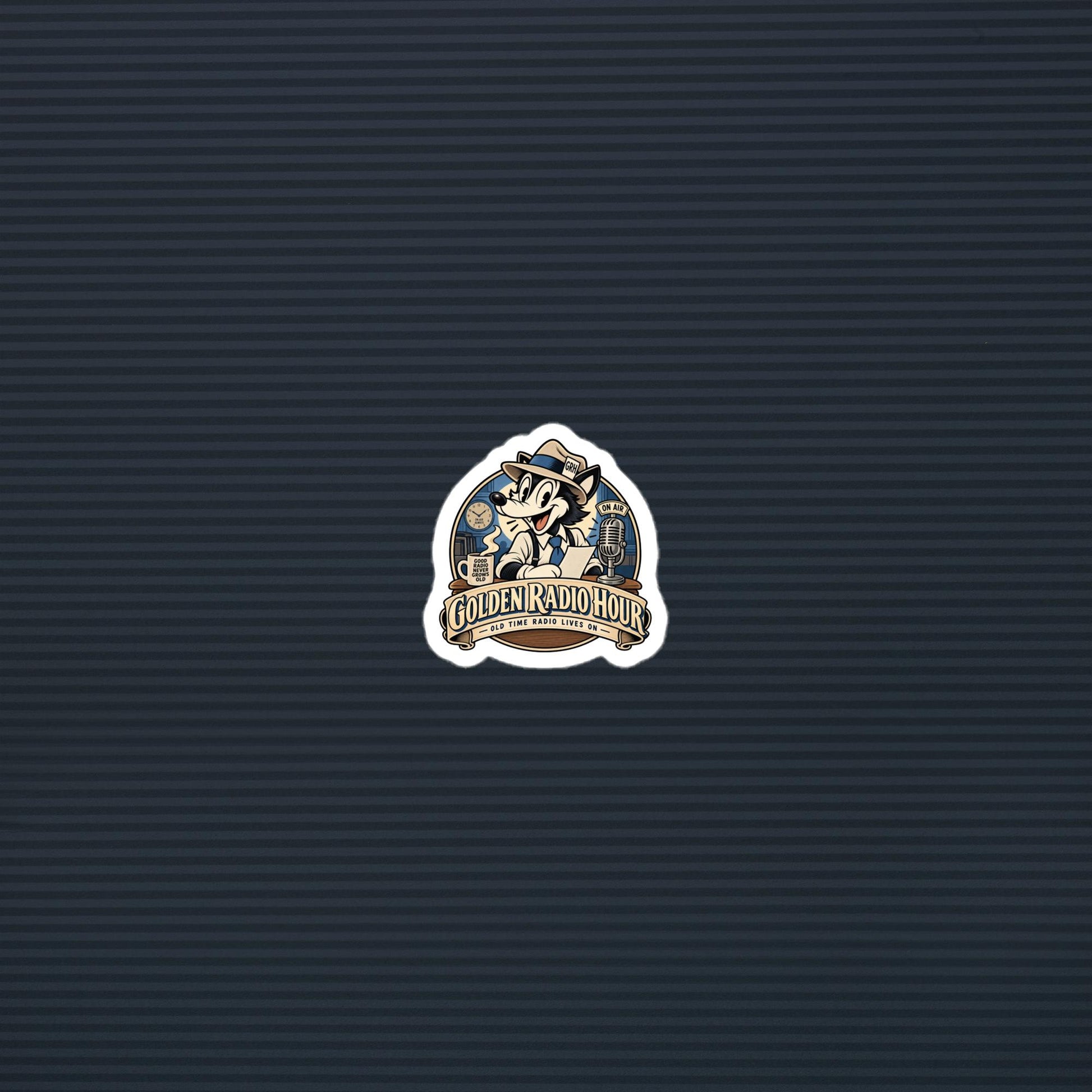 Golden Radio Hour on-air wolf mascot die-cut sticker, 2×2 mockup
