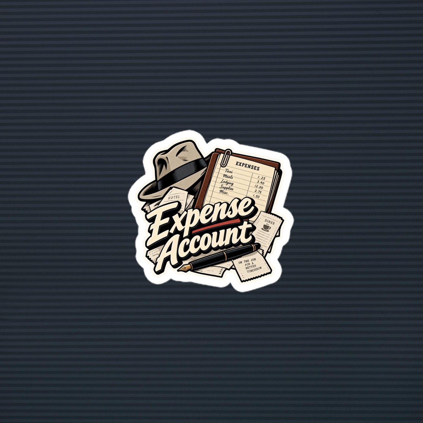 Expense Account old-time-radio detective die-cut sticker, 3×3 mockup