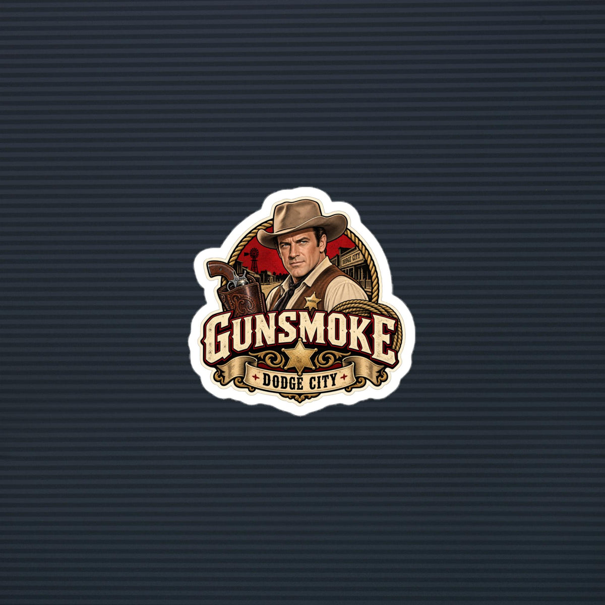 Gunsmoke Dodge City marshal die-cut sticker, 3×3 mockup