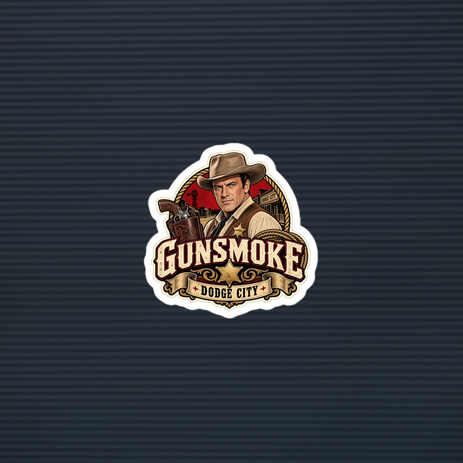 Gunsmoke Dodge City marshal die-cut sticker, 3×3 mockup