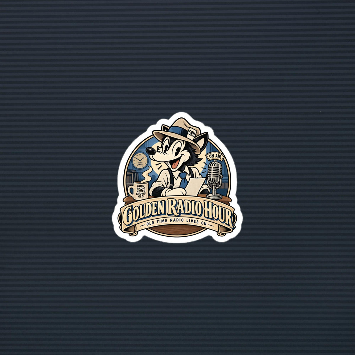 Golden Radio Hour on-air wolf mascot die-cut sticker, 3×3 mockup