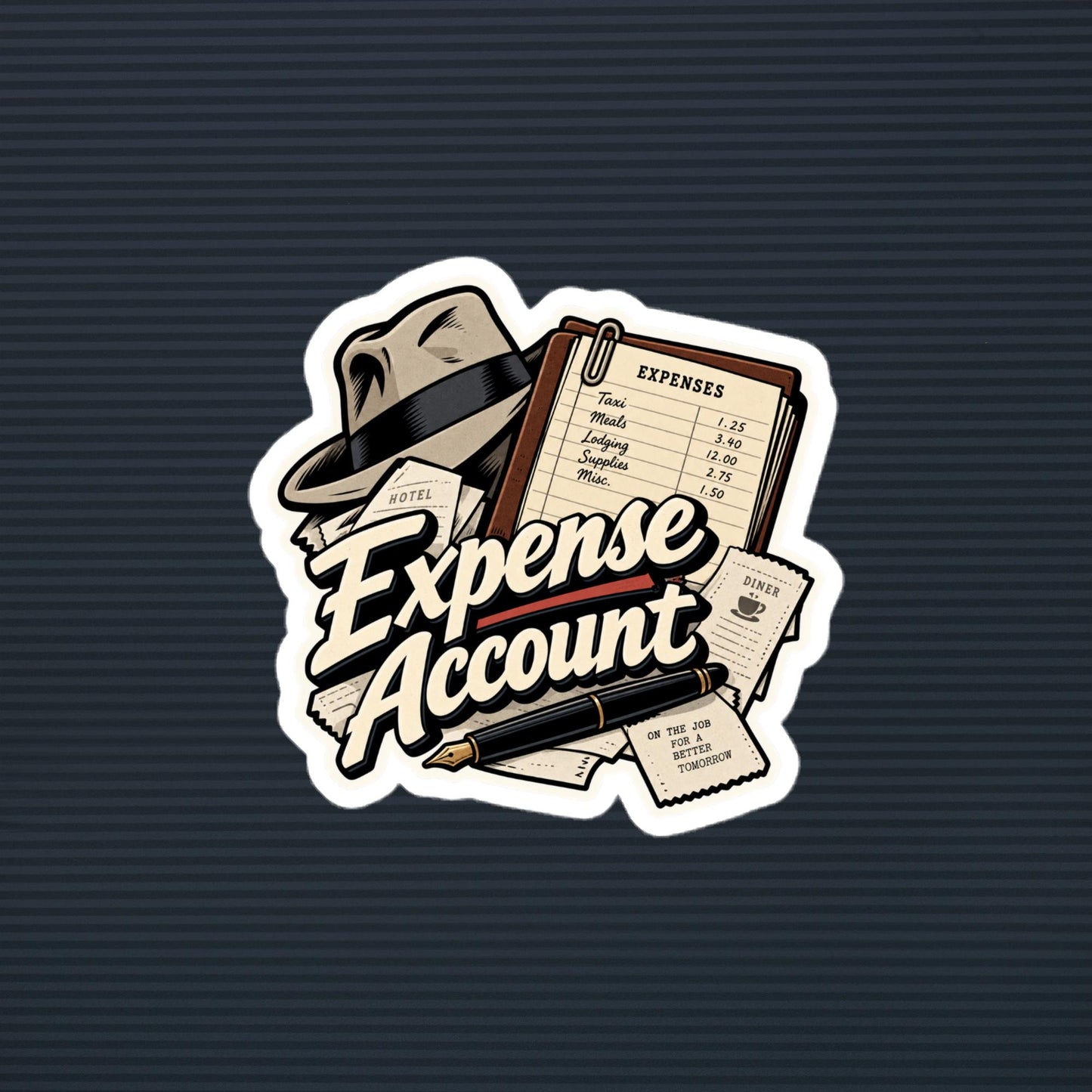 Expense Account old-time-radio detective die-cut sticker, 4×4 mockup