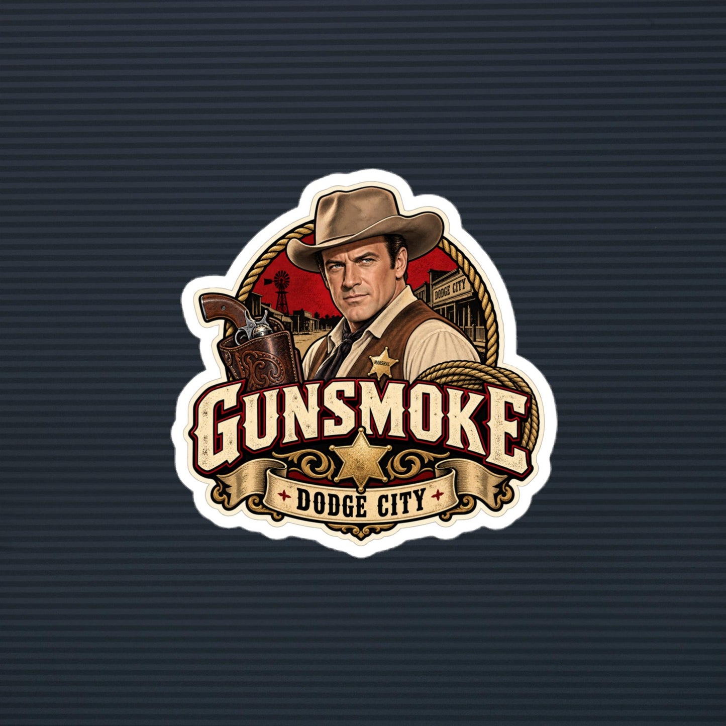 Gunsmoke Dodge City marshal die-cut sticker, 4×4 mockup
