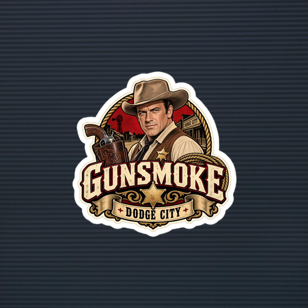 Gunsmoke Dodge City marshal die-cut sticker, 4×4 mockup
