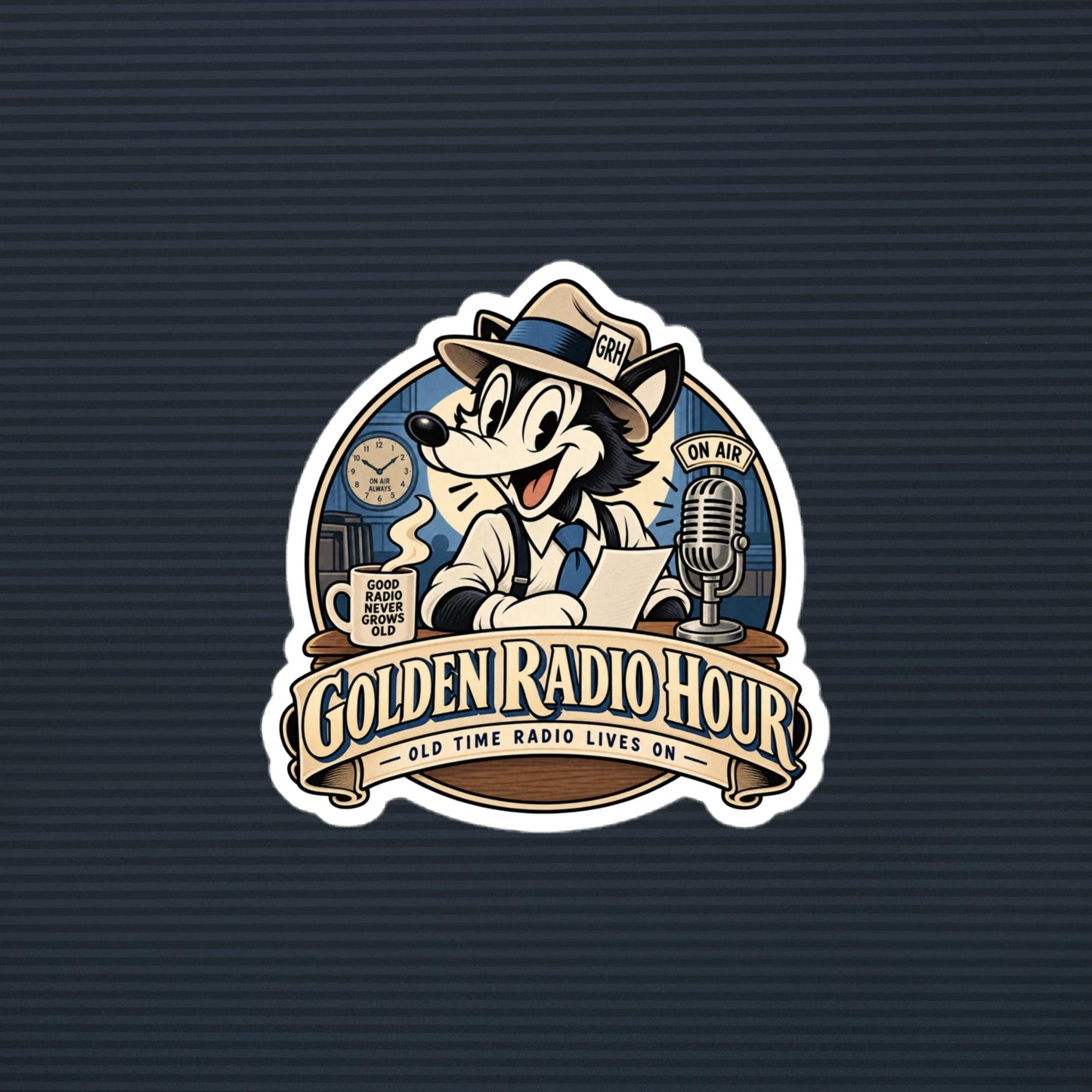 Golden Radio Hour on-air wolf mascot die-cut sticker, 4×4 mockup