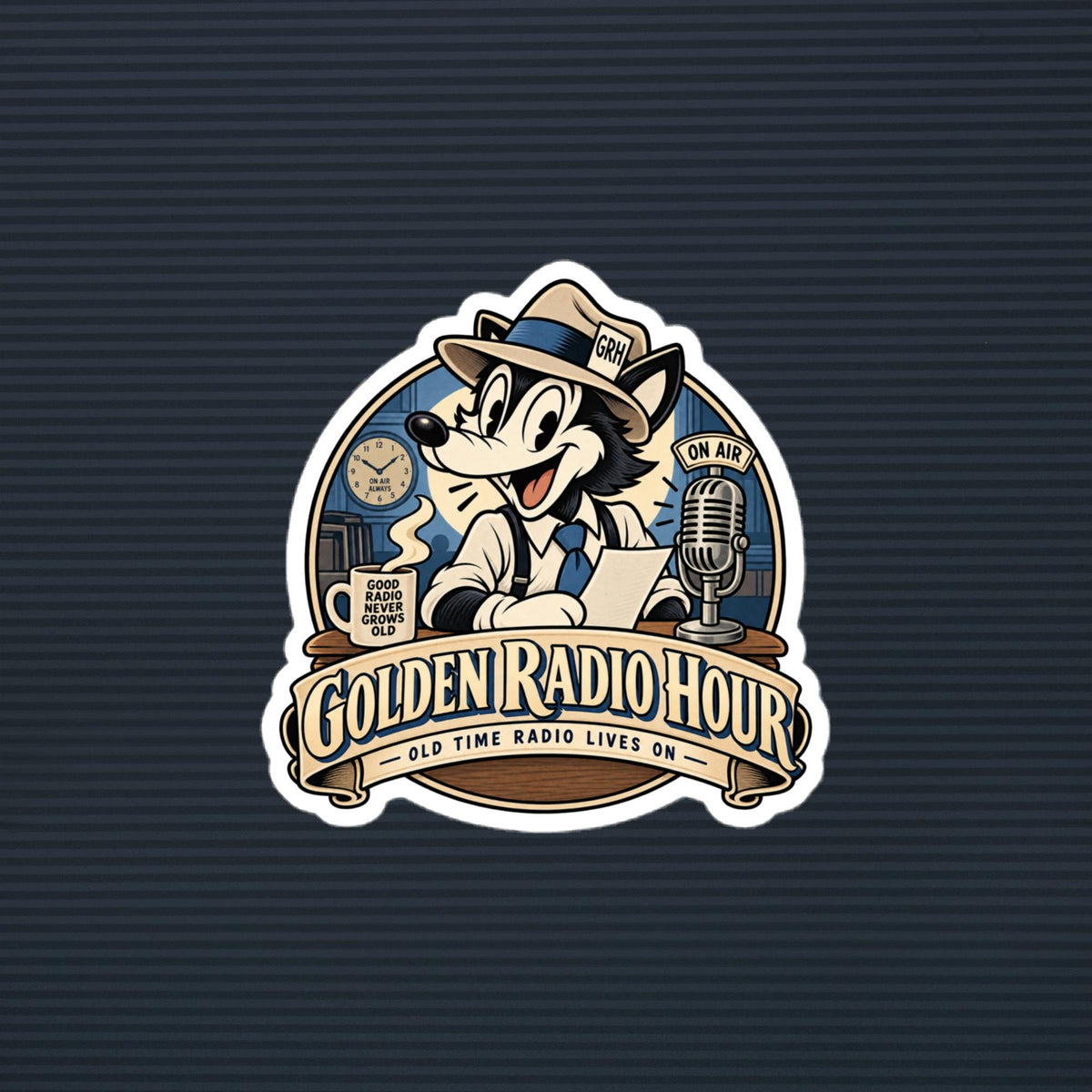 Golden Radio Hour on-air wolf mascot die-cut sticker, 4×4 mockup