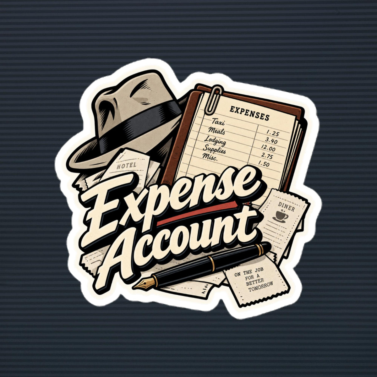 Expense Account old-time-radio detective die-cut sticker, 5×5 mockup