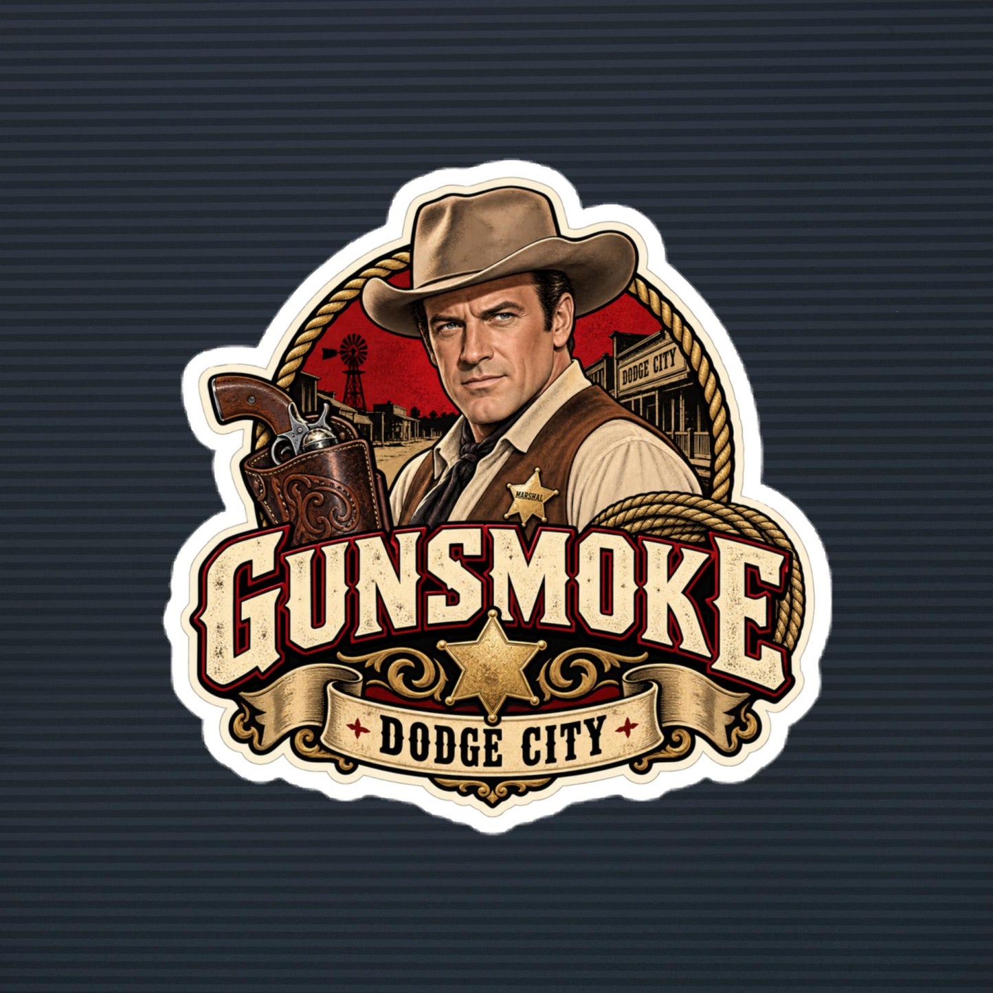 Gunsmoke Dodge City marshal die-cut sticker, 5×5 mockup