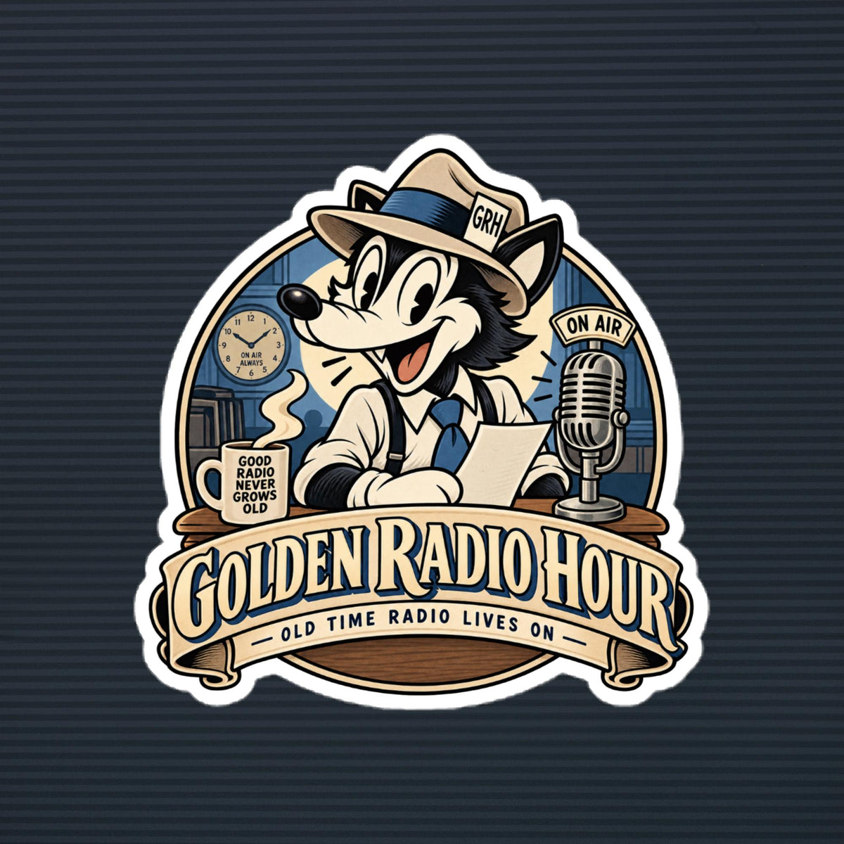 Golden Radio Hour on-air wolf mascot die-cut sticker, 5×5 mockup