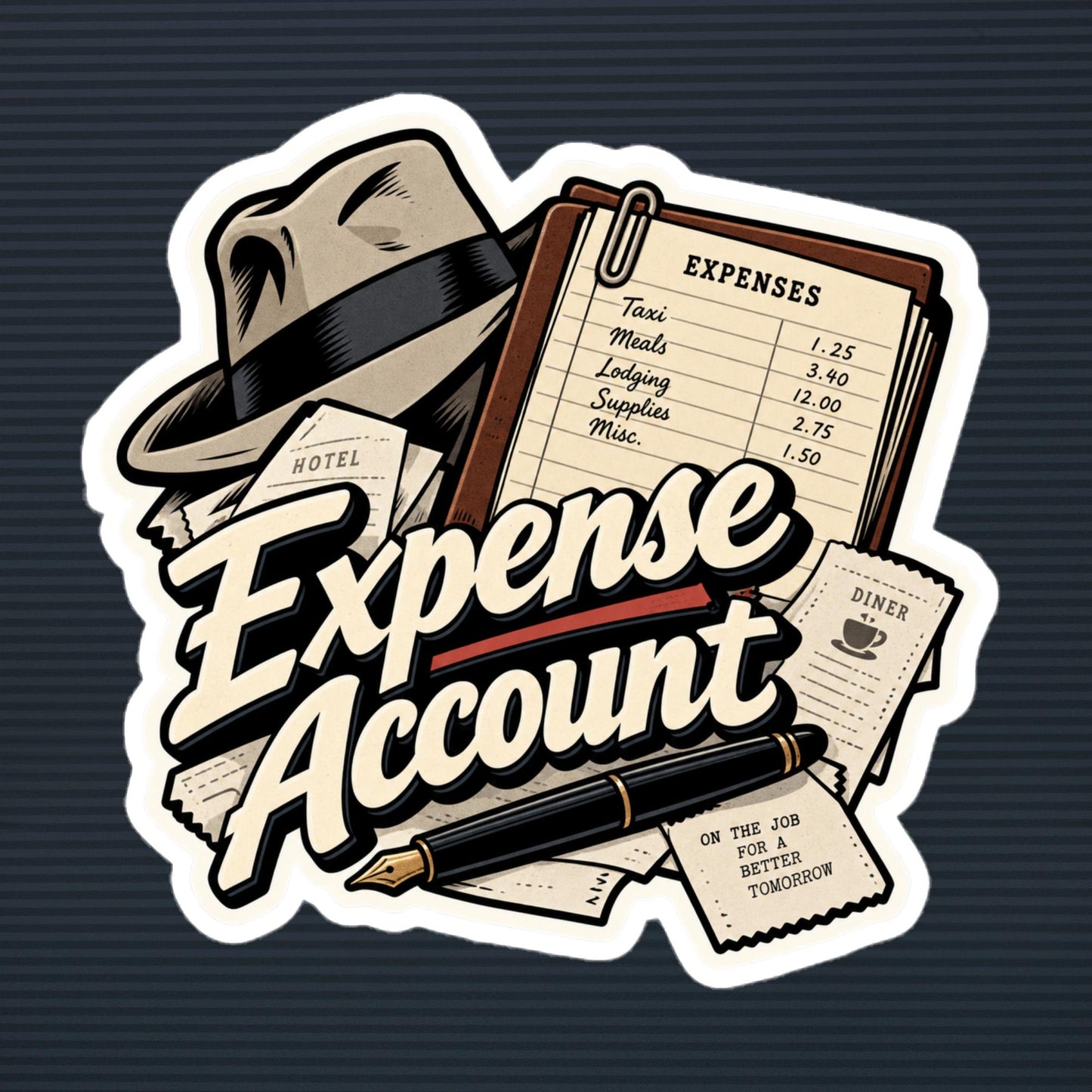 Expense Account old-time-radio detective die-cut sticker, 6×6 mockup