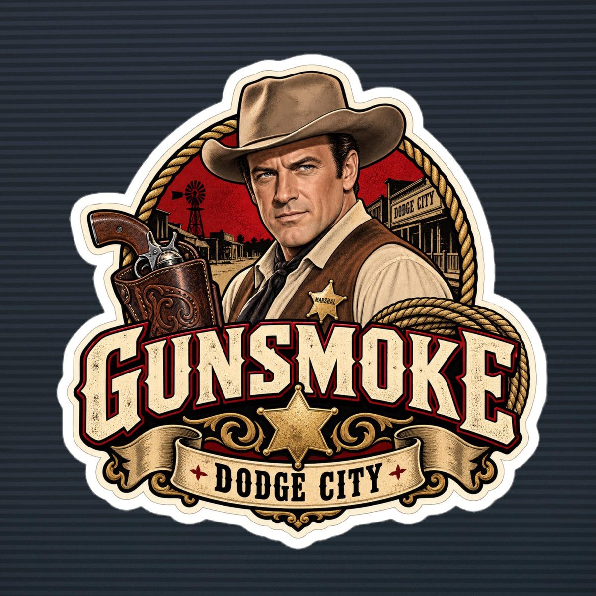 Gunsmoke Dodge City marshal die-cut sticker, 6×6 mockup