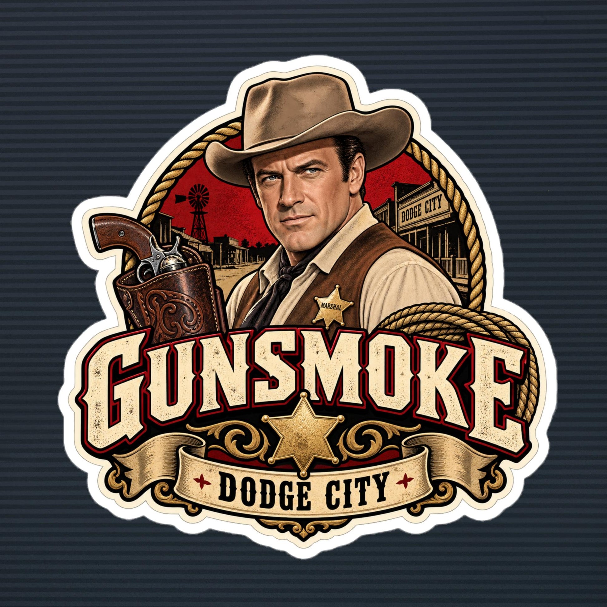 Gunsmoke Dodge City marshal die-cut sticker, 6×6 mockup