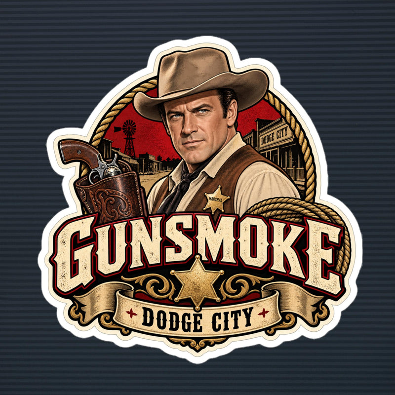 Gunsmoke Dodge City marshal die-cut sticker, 6×6 mockup