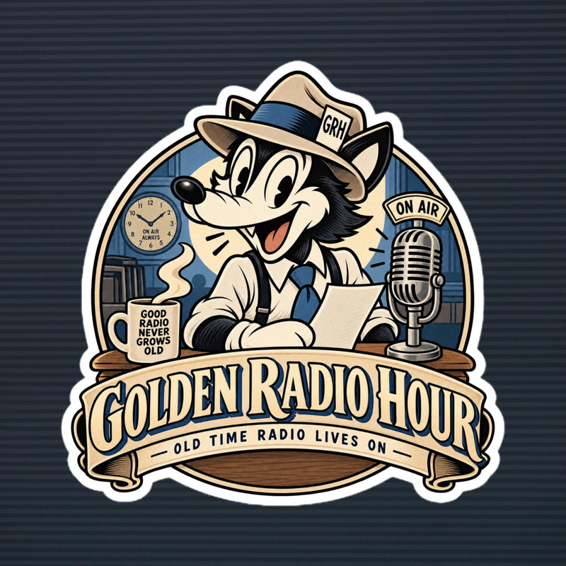 Golden Radio Hour on-air wolf mascot die-cut sticker, 6×6 mockup