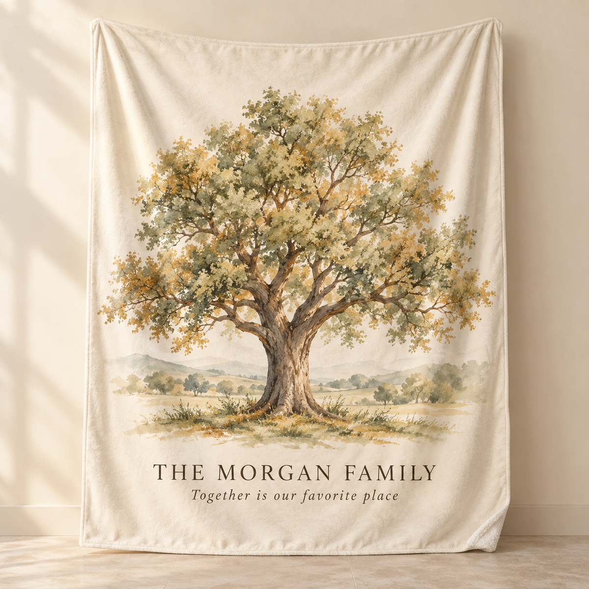 Personalized Morgan family tree throw blanket example, front view