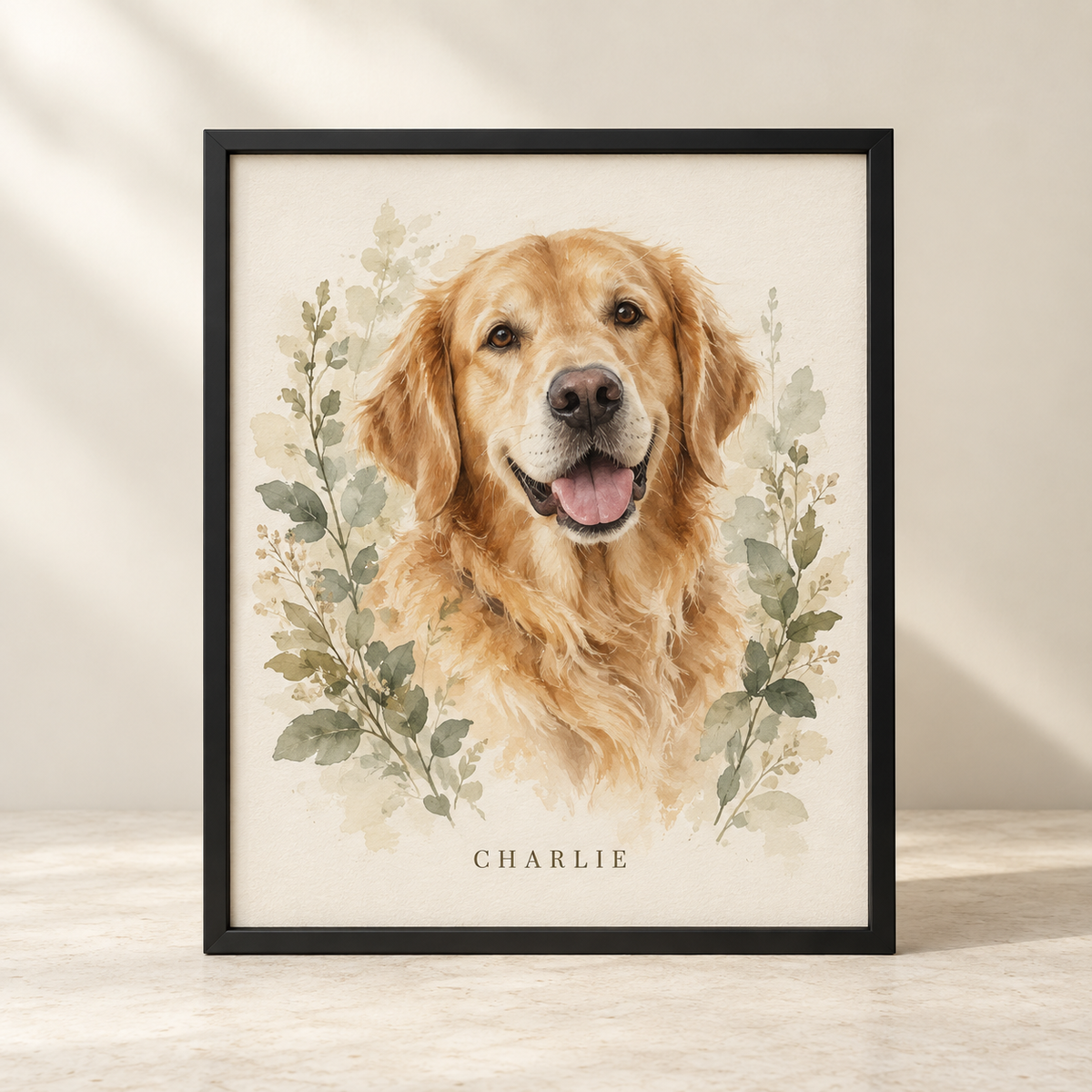 Personalized pet portrait example in a single black frame