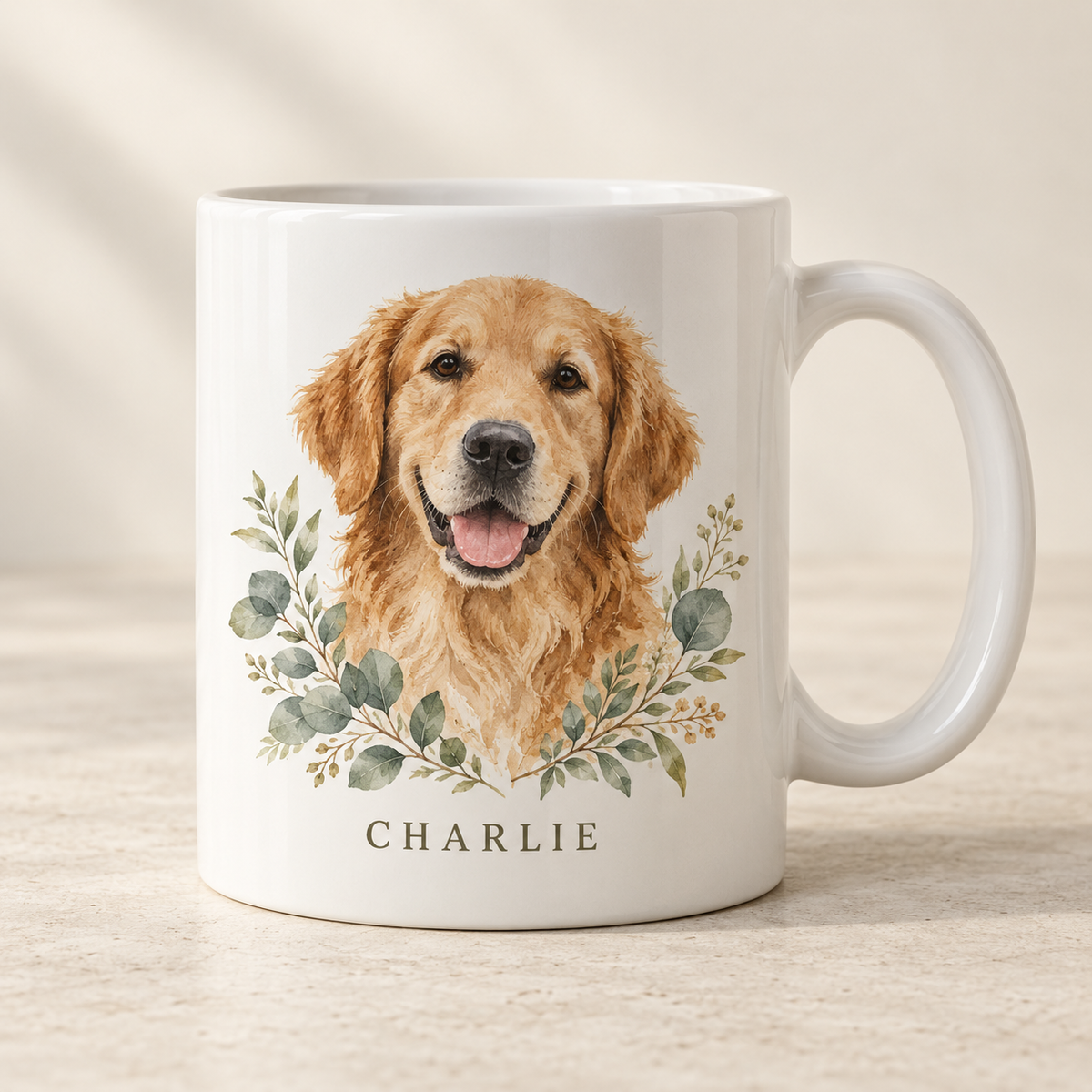 Personalized white mug example with Charlie pet portrait, handle on right