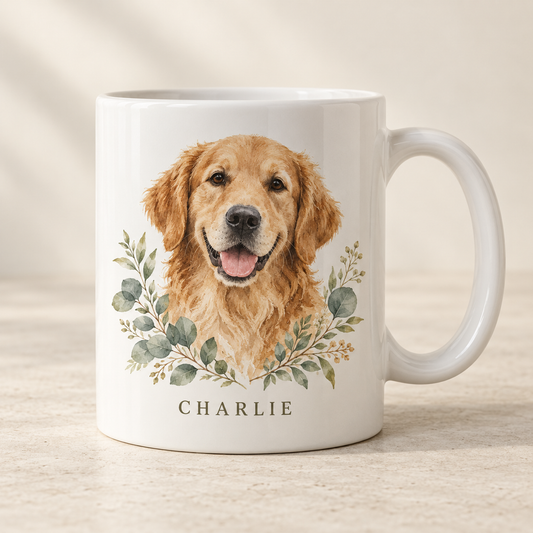Personalized white mug example with Charlie pet portrait, handle on right